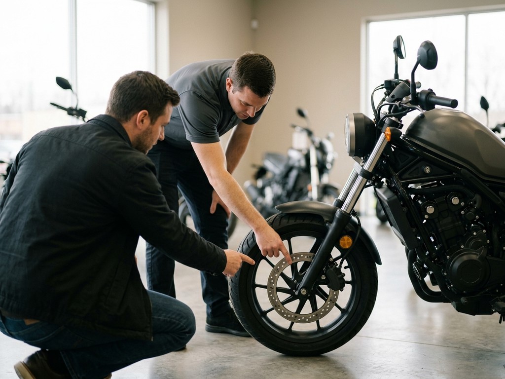 Técnico inspecciona frenos, suspensión y cadena de una moto usada antes de la compra