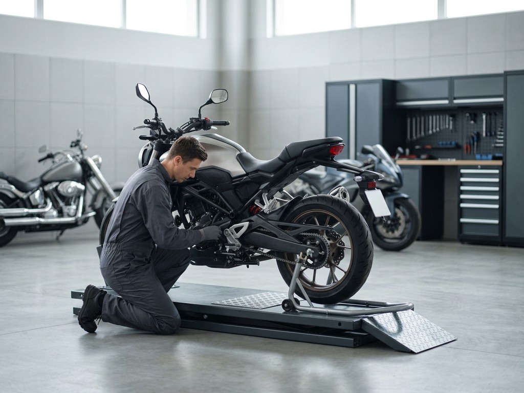 Mecánico revisando frenos y suspensión de una moto durante una revisión integral