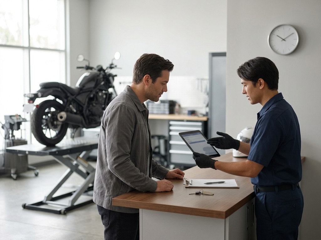 Mecánico revisando una moto con lista de verificación de garantía y presupuesto